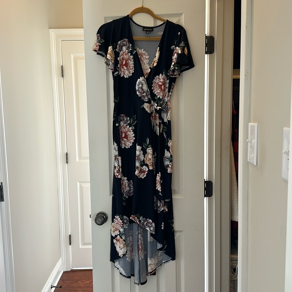 Fortune and Ivy v-neck high low dress. Navy with flowers.